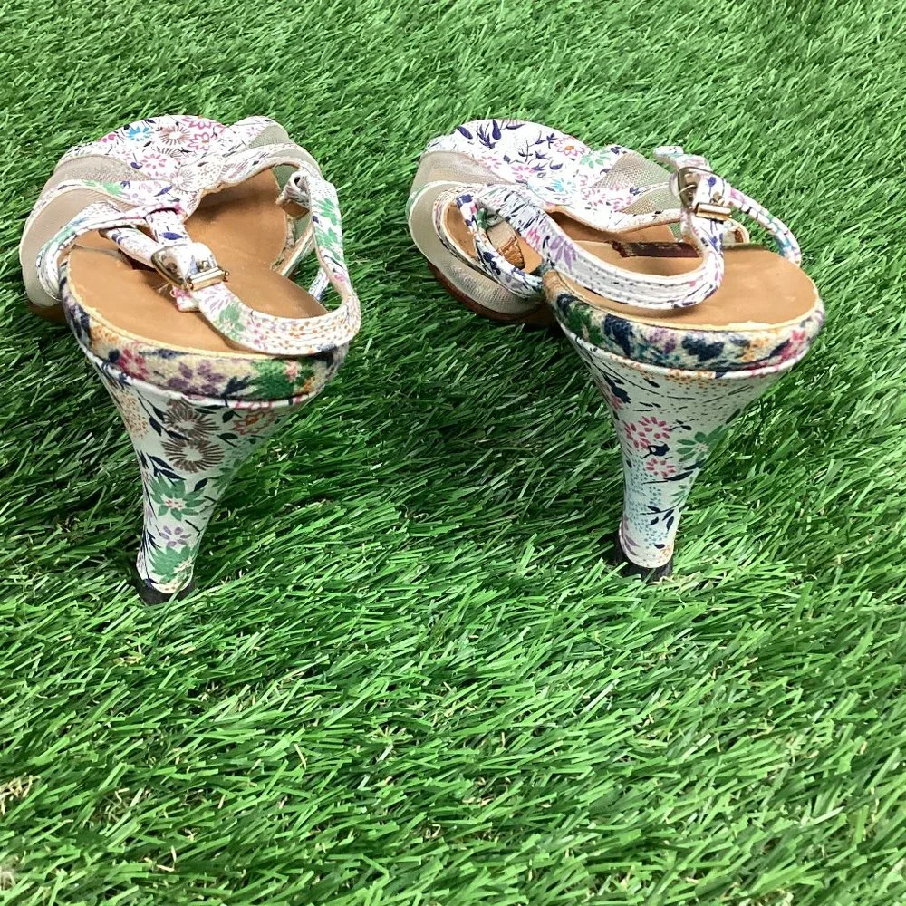 Jack Rogers Vintage Heeled Leather Sandal Floral Pastel 7M